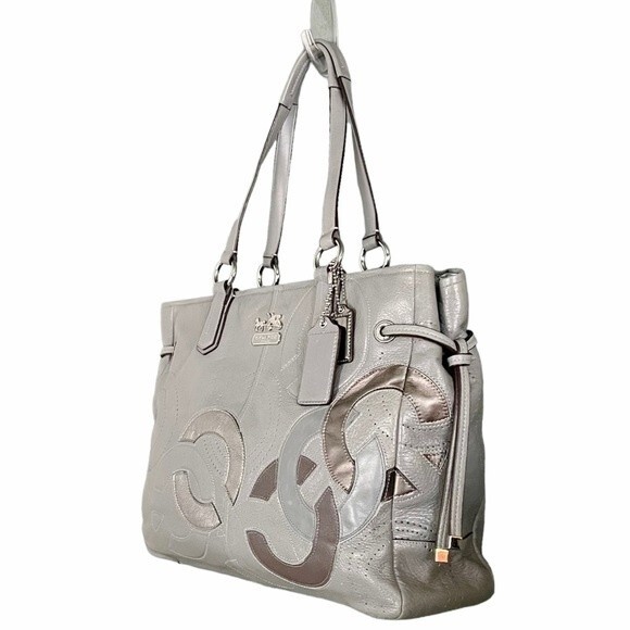 Coach Chelsea Inlaid Leather Charlie Tote Patchwork Gray Silver Blue Lining NEW - Picture 4 of 11